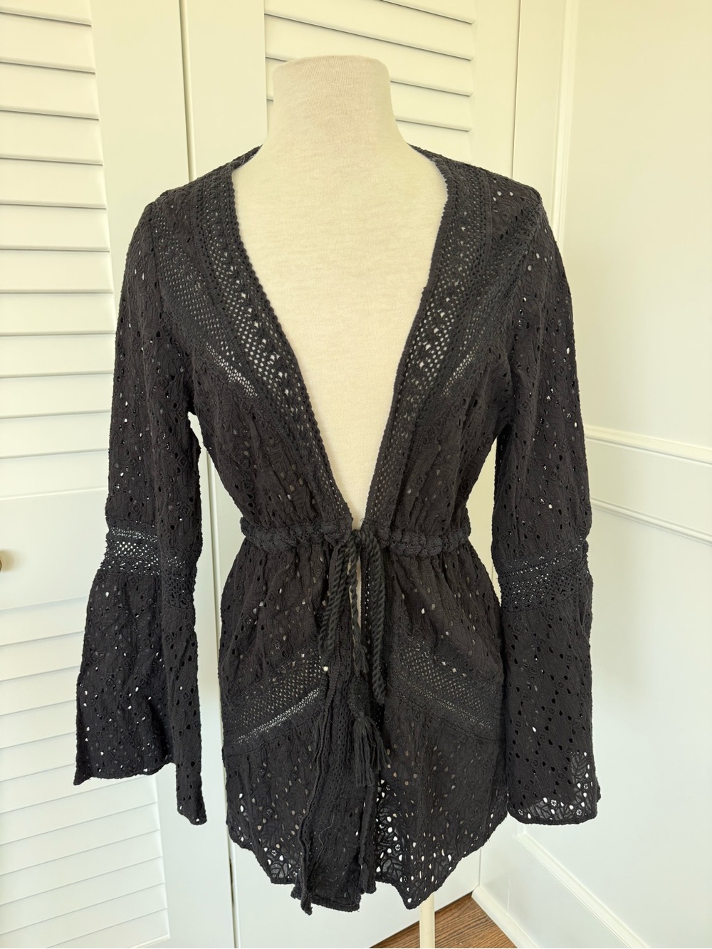 Ramy Brook Black Crochet Tie-Waist Swim Coverup